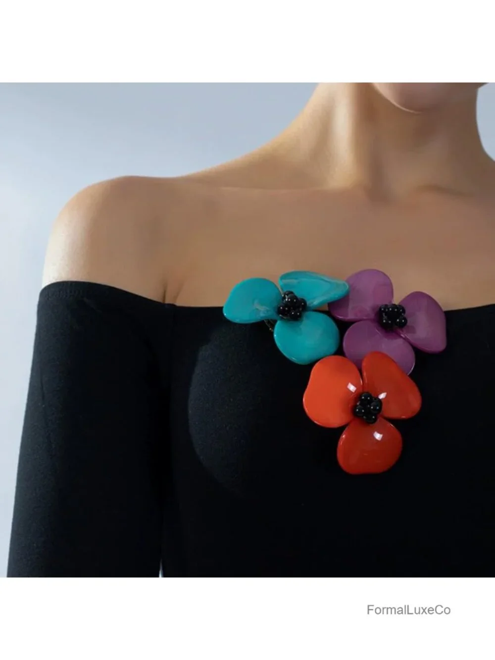 Large Flower Brooch Acrylic Acetate Statement Pin Black Bead Center for Blazer